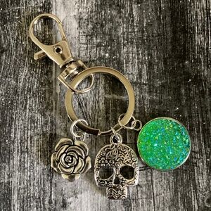 Skull and Rose Faux Green Druzy Keychain